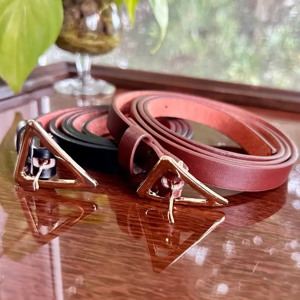 Set of 2 Skinny Belts – Brown & Black with Gold Triangle Buckles – 43” Length
